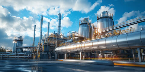 Hydrogen power plant with large steel tanks pipes. Clean H2 energy concept. Industrial tech for renewable energy production. Sustainable electricity, fuel storage facility, futuristic refinery system