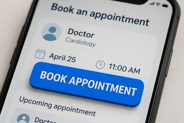 A smartphone screen displays a cardiology booking page showing doctor details, date, time, and a bold blue Book Appointment button. Concept of accessible healthcare scheduling and patient empowerment.
