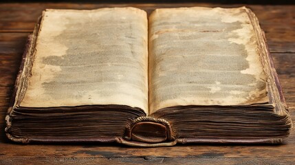 Obraz premium Old book spread on rustic wooden surface, aged pages visible