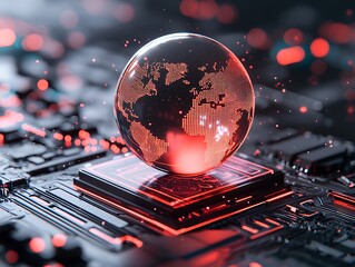 Global digital network, glowing earth on circuit board
