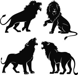 Majestic Lion Silhouettes in Natural Settings on White Background
