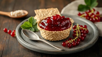 Delicious Red Currant Jam in Waffle Bowl with Crackers