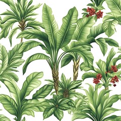 Tropical Plant Illustration with Palm and Red Flower
