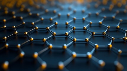 Obraz premium A 3D image shows graphene's honeycomb-like structure at the atomic level. This nanotechnology material is made of carbon atoms arranged in hexagons. 