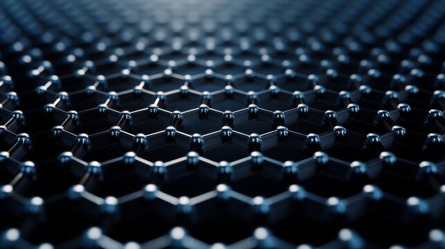A 3D image shows graphene's honeycomb-like structure at the atomic level.  This nanotechnology material is made of carbon atoms arranged in hexagons.
