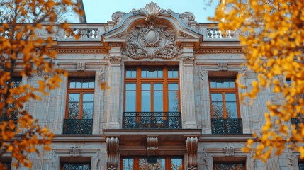 Ornate facade and windows with golden foliage accents