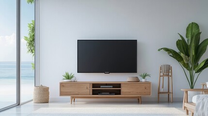 A beach house living room with a sea view.  It has a TV stand, wooden cabinet, and simple white walls.

