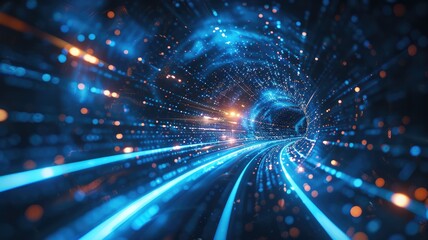 Fototapeta premium Sparkling laser beam effect dash with high-speed shine and emit colorful light on dark background convey sense of energy move in straight line dynamic on cosmic perfect for science fictional. AIG53.