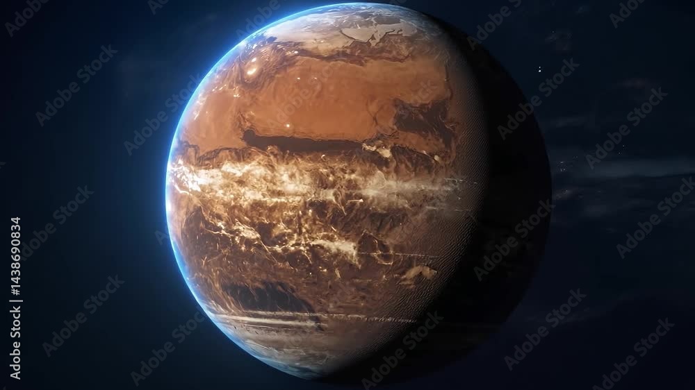 Poster planet with a brownish color. the planet is in the middle of the image. the planet is surrounded by 