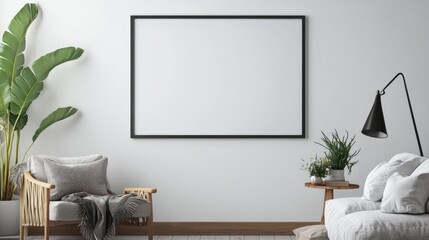 A blank picture frame on a white living room wall.  It's perfect for showing off your artwork or design.
