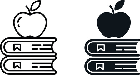 Minimalist Stack of Books with Apple Icon Set – Line Art and Solid Style Educational Vector