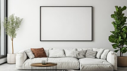 A blank picture frame on a white living room wall.  It's perfect for showing off your artwork or design.
