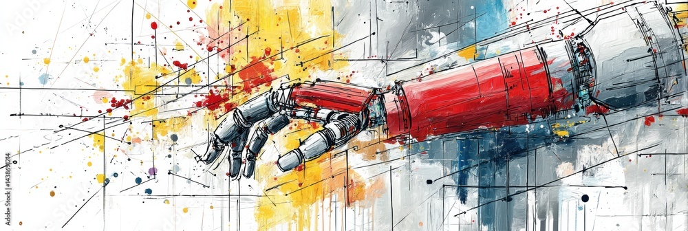 Poster robotic hand creates abstract artwork with algorithmic lines and vibrant colors in a modern studio