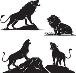 Majestic Lion Silhouettes in Natural Settings on White Background
