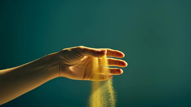 Sand flowing through human hand. Time passing symbol. Concept of fleeting moments, hourglass effect, and the rhythm of life. Transience and aging motion footage.