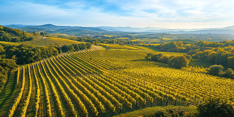 Scenic aerial view of vineyard landscape in autumn. Rolling hills covered in golden grapevines, wine country, countryside charm, harvest season, traditional winery, nature beauty