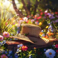 A rustic straw hat resting on a sunlit garden bench, with colorful flowers blooming around it and the warm light of the late afternoon.