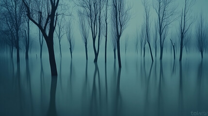 Obraz premium Flooded ancient forest with tree trunks protruding from still water