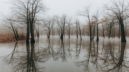Flooded ancient forest with tree trunks protruding from still water