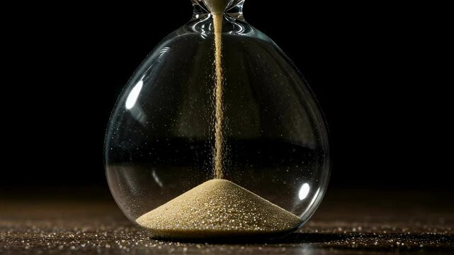Sand flowing through vintage hourglass on dark background. Time passes sand time concept abstract video. 