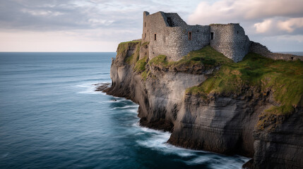 Ancient stone castle overlooking the ocean at sunset  