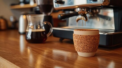 An eco-friendly coffee cup with cork details, sitting on a polished wooden counter next to freshly brewed coffee