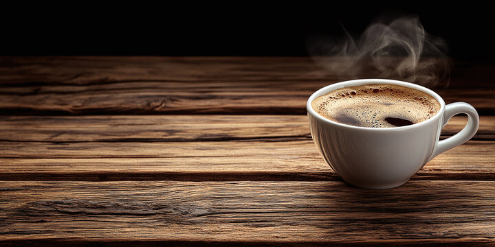 Steam rises from hot cup of coffee on wooden table. Cozy morning ritual, warm drink, caffeine addiction, slow living, relaxation, coffee lover moment, cafe ambiance