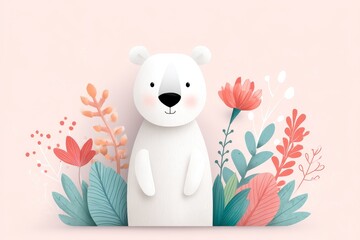 Cute Polar Bear in Pastel Flower Garden - Adorable polar bear amidst pastel flowers, symbolizing purity, gentleness, nature, springtime, and joy