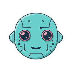 Fototapeta premium A friendly cartoon robot head with pink eyes and a simple smile on a black background centered on transparent background