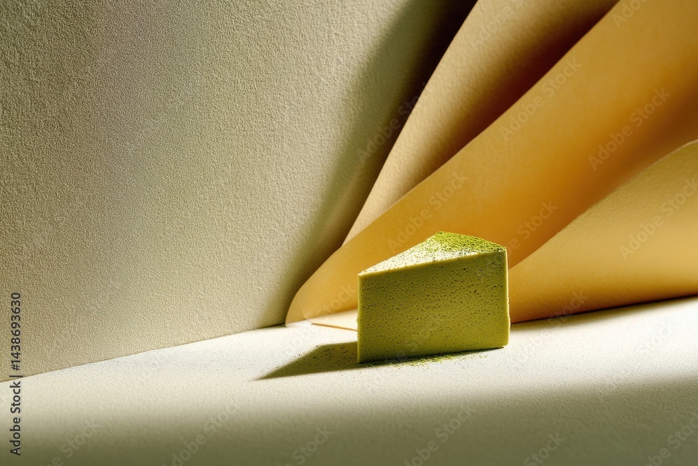 Poster Minimalist Matcha Cake Showcasing Abstract Shadows in a Serene Setting With Soft Colors and Elegant Design