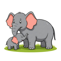 Fototapeta premium Cartoon illustration of a mother elephant and baby elephant standing on green grass together on transparent background