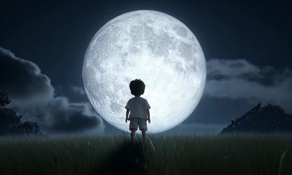 Child gazing at full moon at night