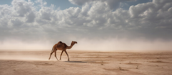 Naklejka premium A camel walking across a desert flat, its hooves raising clouds of dust, while the vast desert stretches endlessly around it