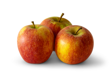 Group of three red apples with yellow and green spots, a sweet-tart crisp textured variety, isolated on white background with soft transparent shadows