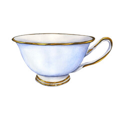 Ceramic porcelain cup. Watercolor illustration of lite blue antique cup isolated on white background. Vintage Empty mug for english afternoon tea ceremony party or breakfast. Hand drawn teacup