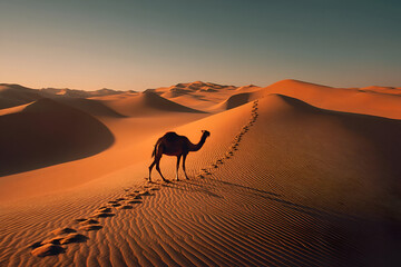 A camel walking slowly through the desert at dawn, the soft light illuminating the sand dunes and highlighting the camels footprints in the sand