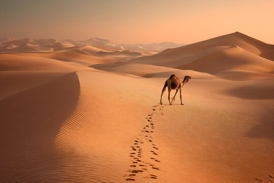 A camel walking slowly through the desert at dawn, the soft light illuminating the sand dunes and highlighting the camels footprints in the sand