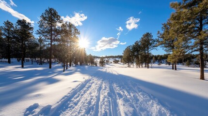 Fototapeta premium Winter snow path through pine trees. Sunny day