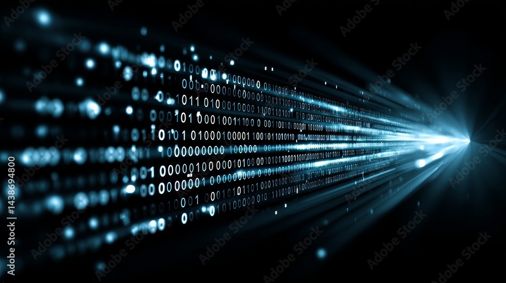 Poster data stream - abstract of binary code flowing like a river of light, representing information and te