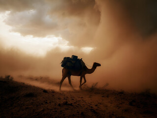 A camel with a loaded pack walking through a desert storm, dust swirling around it, its silhouette framed by the heavy, dark clouds overhead