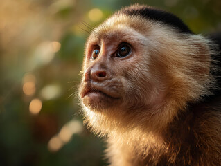 Fototapeta premium A Capuchin Monkey enjoying a sunny spot on the jungle floor, its eyes squinting against the light.