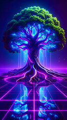 Futuristic Tree with Stone Trunk and Copper Circuit Branches