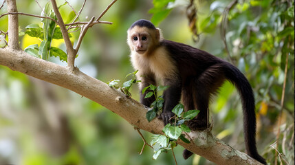 Fototapeta premium A Capuchin Monkey hanging from a tree branch, with its tail wrapped around the limb, and the jungle in the background.