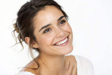 Portrait of a beautiful young woman smiling, white background, AI