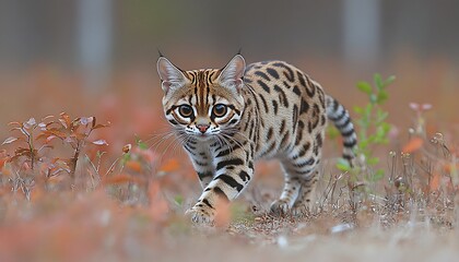 Fototapeta premium Small spotted feline walks through autumn foliage