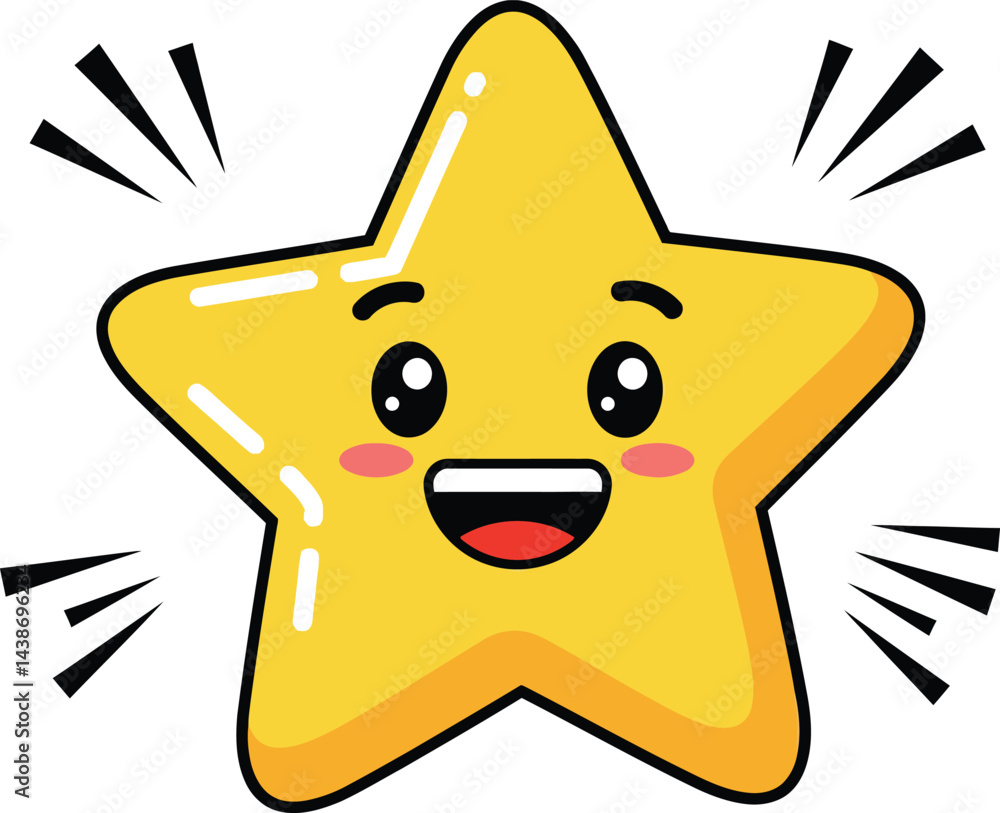 Poster smiling yellow star cartoon character with happy expression and shining rays vector illustration