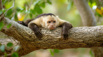 Obraz premium A Capuchin Monkey lying on its stomach on a tree branch, its limbs stretched out in front of it.