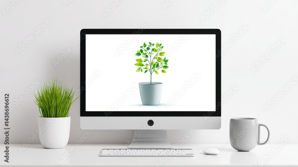 Poster desktop plant growth concept - a modern desktop setup with a computer displaying a small potted plan