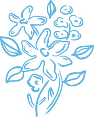 Blue hand drawn abstract flowers. Doodle floral clipart element in whimsical style. Spring vector illustration
