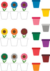 Match the colors game for kids. Color matching game with cute flowers and pots. Learning colors for toddlers. Cut and glue worksheet. Vector illustration